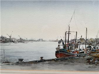 Tyneside scene with fishing boats tied up on quayside - John Sibson