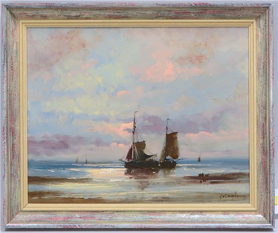 A serene seascape painting featuring a sailing vessel resting on the shore under a soft, pastel sky.