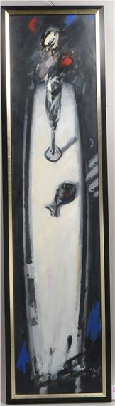 Tischstillleben mit Fisch und Sekt by August Rosell Farer, 1987