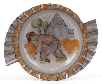 An Art Deco pottery bowl by Michael Andersen, Denmark, circa 1930, decorated with a farmer with a stylized ribbed rim, signed, bearing paper label to base, M.A & S., 28cm in diameter. - Michael Andersen