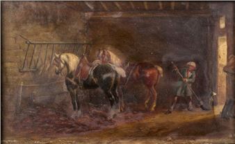 Auguste Sébastien BENARD (1810 - 1873). Two horses harnessed at the stable. Oil on panel signed lower left. Height 16.7 cm - Width 27.5 cm - Auguste Sebastien Benard