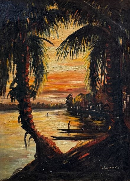 Artwork by Jos Toumba, Untitled, "Village au bord du fleuve", Made of oil on canvas
