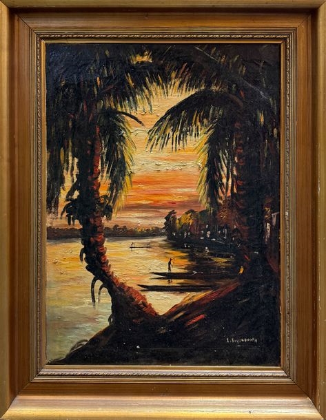 Artwork by Jos Toumba, Untitled, "Village au bord du fleuve", Made of oil on canvas