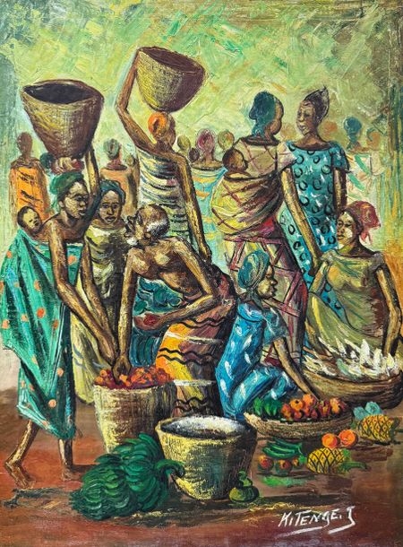 Artwork by Joseph Kitenge, Untitled, (market scene), Made of oil on canvas