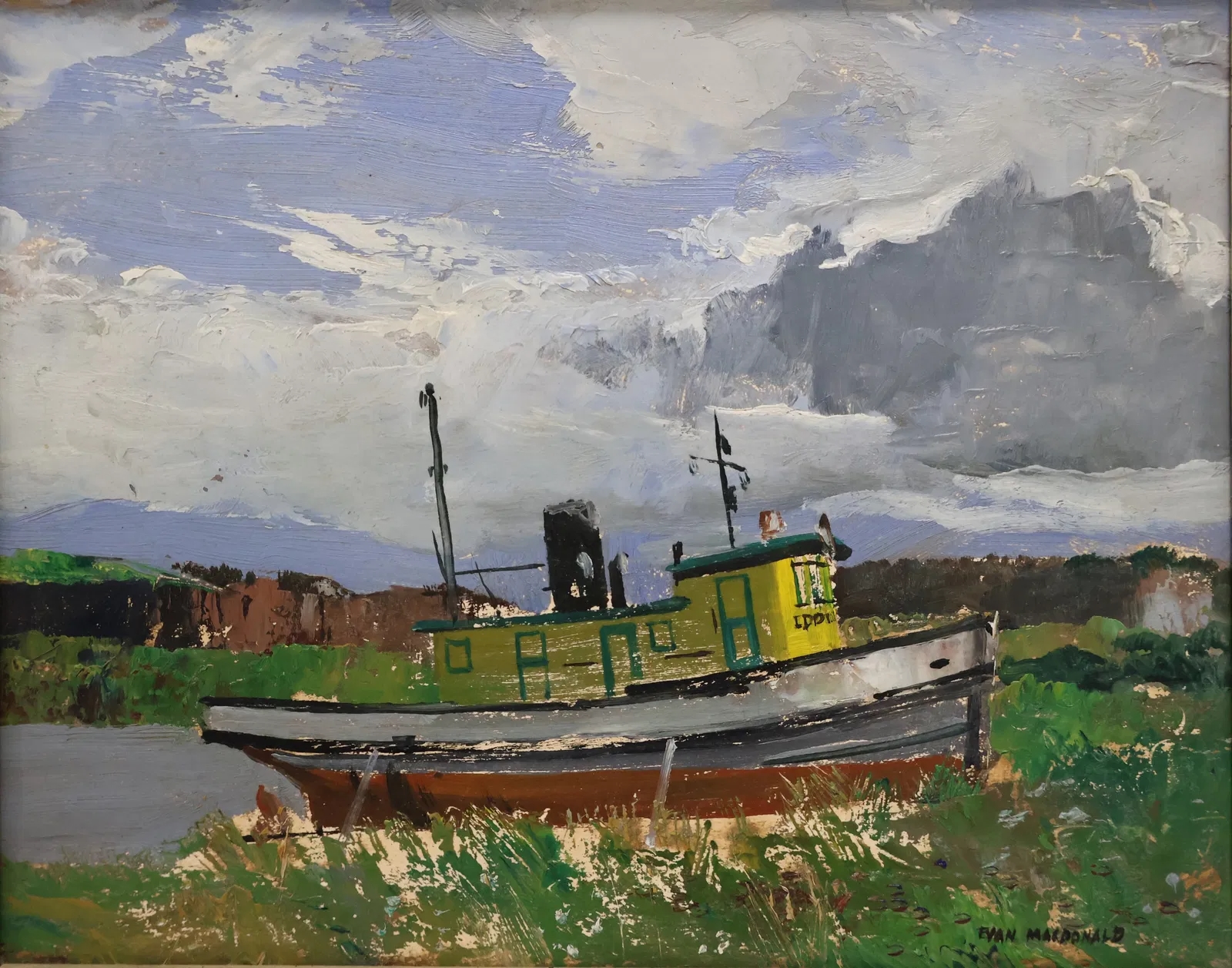 Artwork by Evan Weekes Macdonald, Showing a beached tug boat, Made of Oil on board