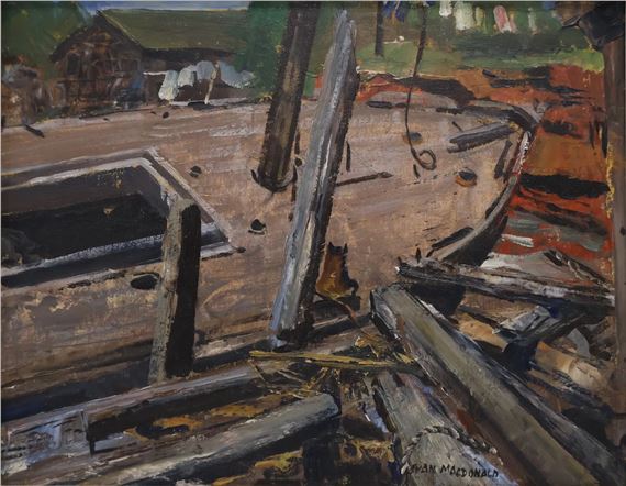 Showing the deck of a moored boat by Evan Weekes Macdonald