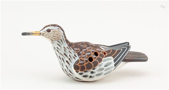NEIL IONS (born 1949); a slip decorated earthenware ocarina modelled as a snipe by Neil Ions, dated 1989