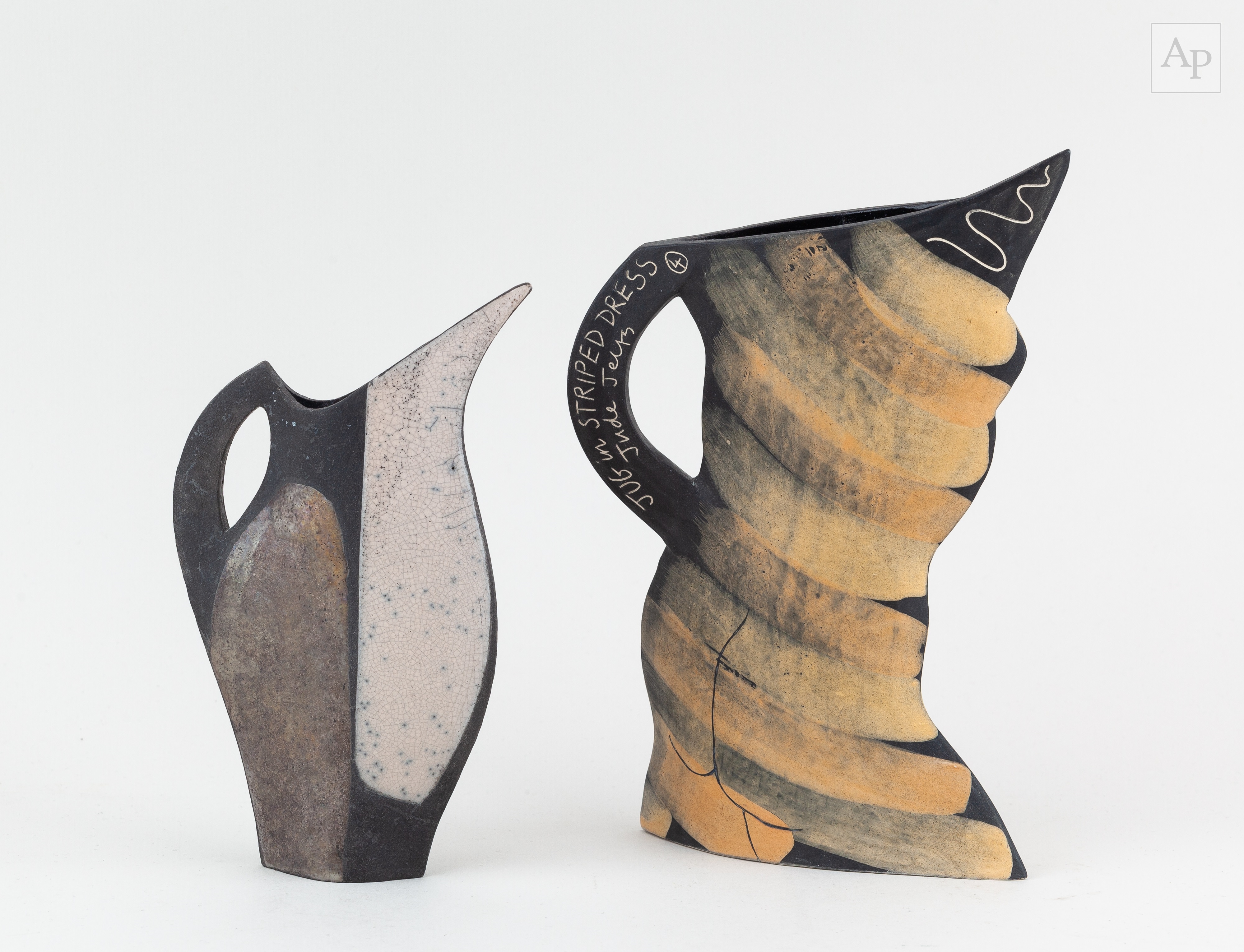 Artwork by Jude Jelfs, JUDE JELFS (born 1950); 'Jug in Striped Dress 4', Made of Earthenware jug
