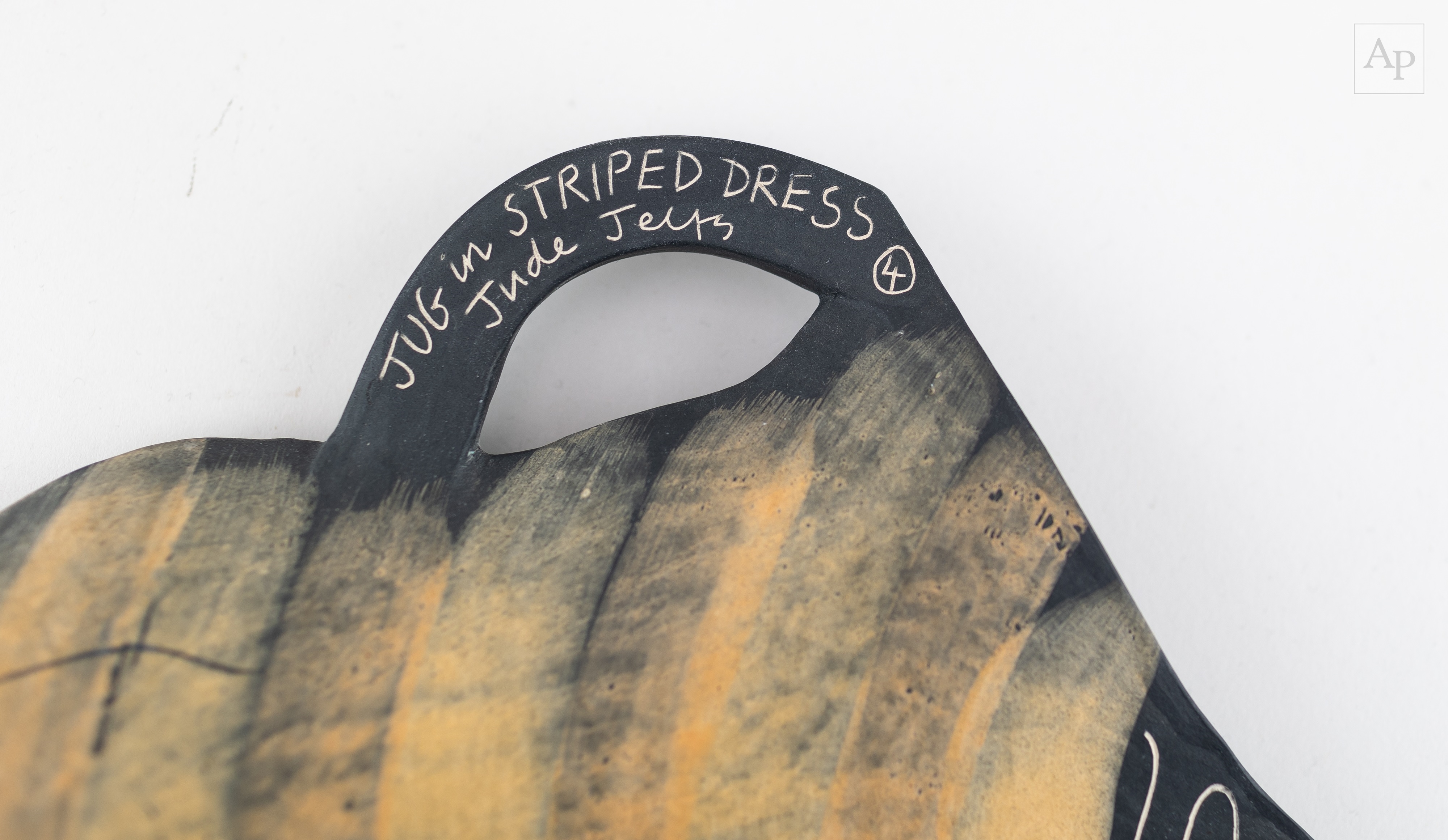 Artwork by Jude Jelfs, JUDE JELFS (born 1950); 'Jug in Striped Dress 4', Made of Earthenware jug