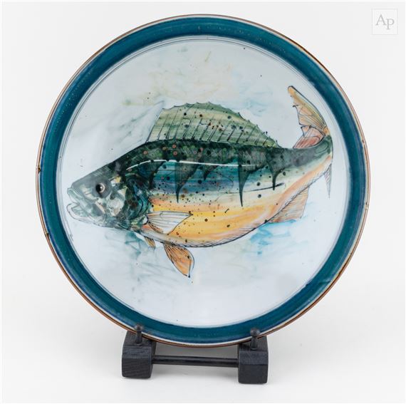BRIAN DICKENSON; a large stoneware bowl decorated with a fish by Brian Dickenson, dated 2000