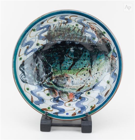BRIAN DICKENSON; a large stoneware bowl decorated with a fish - Brian Dickenson