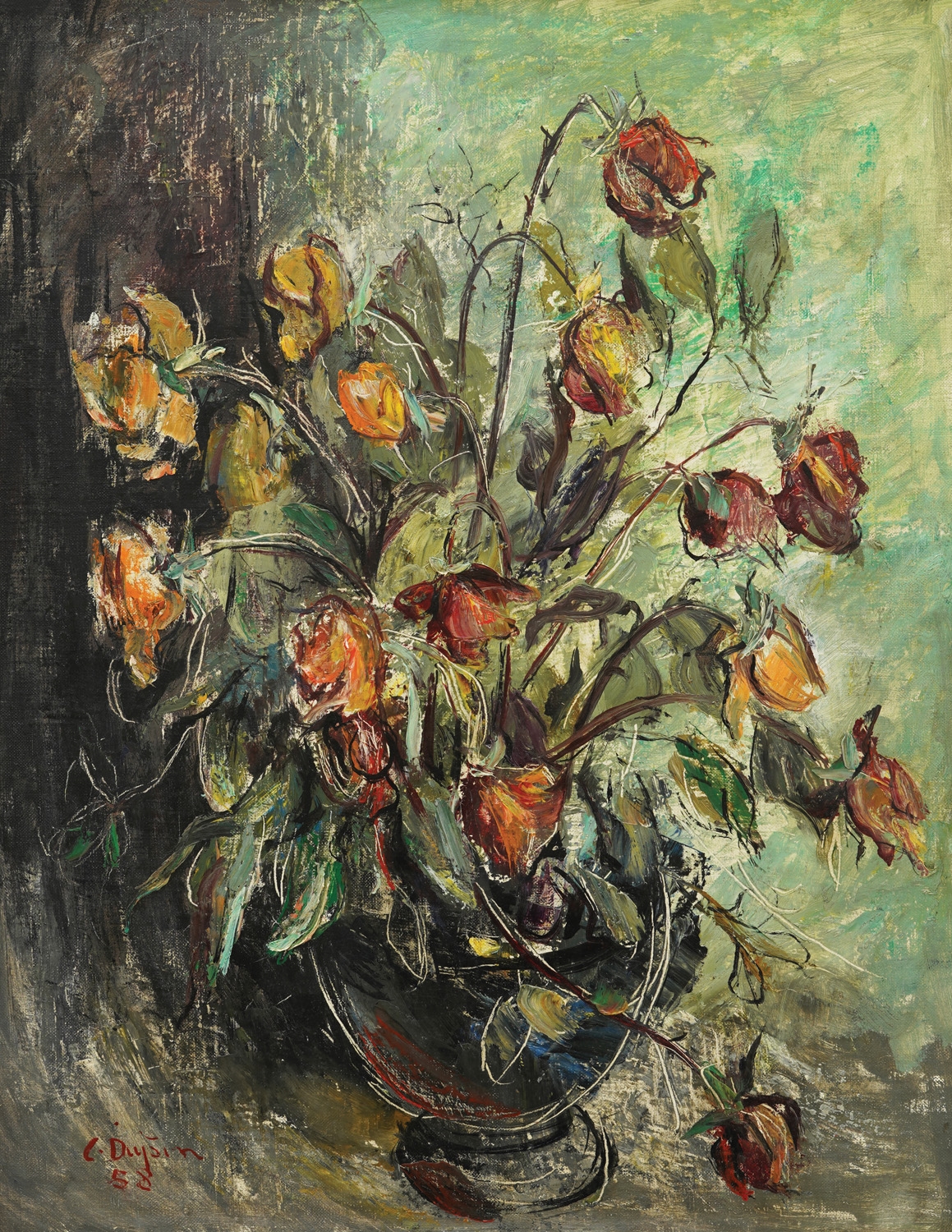 Artwork by Cata Dujšin, Vaza s ružama [1958, Made of oil on cardboard