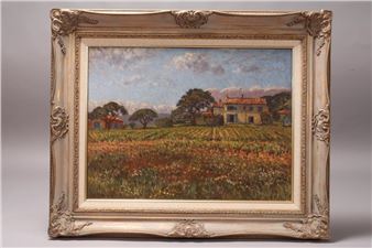 A framed landscape painting of a rural estate with fields and distant hills.