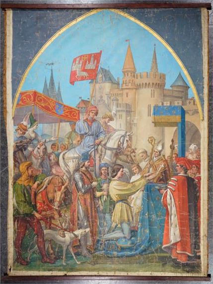 A medieval-style painting depicting a royal arrival with a knight on horseback and a crowd of figures in period clothing.