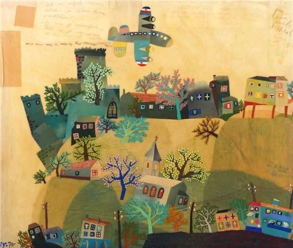 Mixed media artwork with paint and collage elements of a town with a plane overhead by Croatian artist Vojo Radoicic Vjekoslav - Vjekoslav Vojo Radoicic