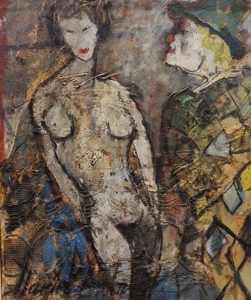Artwork by Daniel-Antoine , Clown and Naked Damsel, Made of Oil on canvas