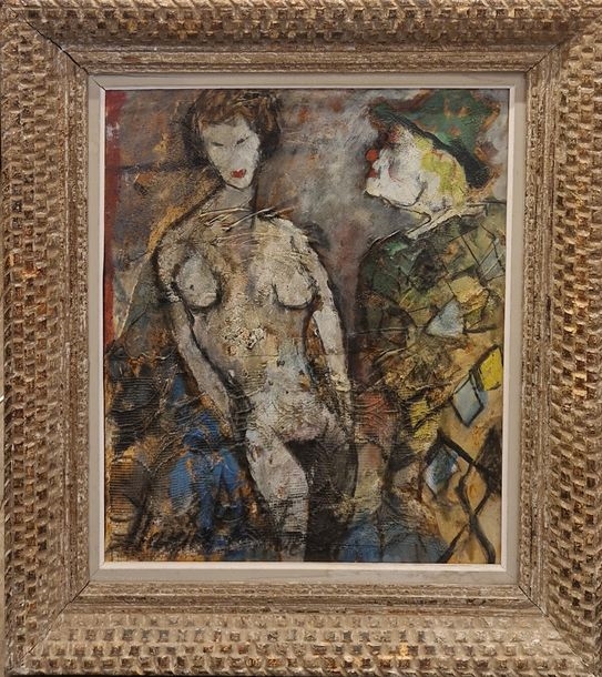 Artwork by Daniel-Antoine , Clown and Naked Damsel, Made of Oil on canvas