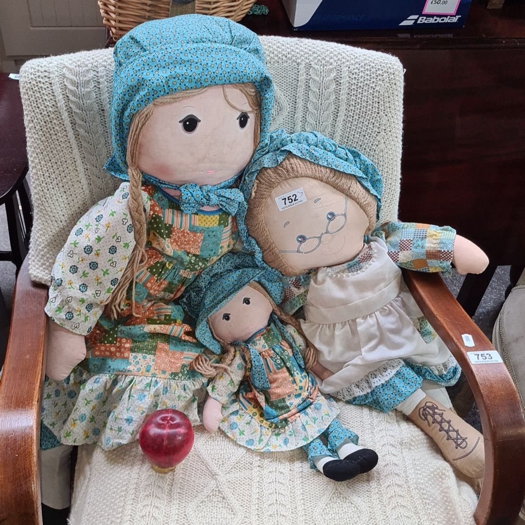 Prairie | Vintage rag doll trio dressed in patchwork prairie outfits ...