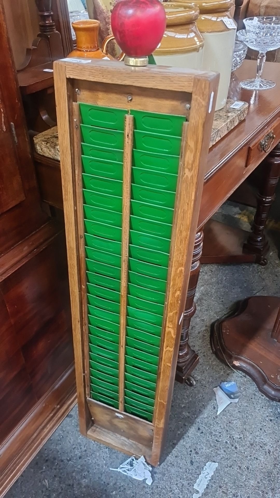 Green | Vintage wooden industrial time card rack with green metal sl ...