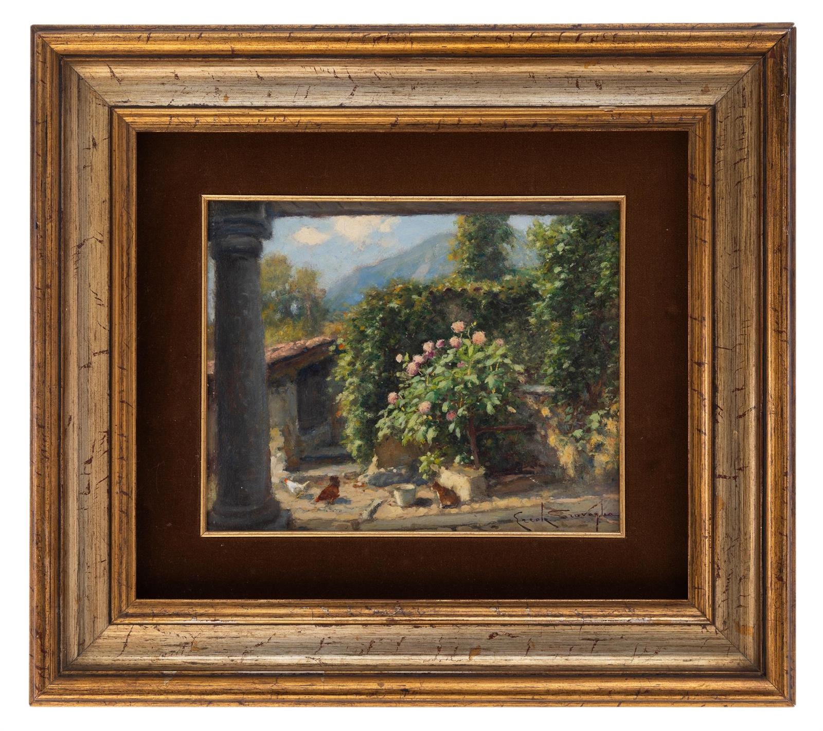 Artwork by Ercole Garavaglia, Angolo fiorito in paese (Magreglio, Made of oil on cardboard