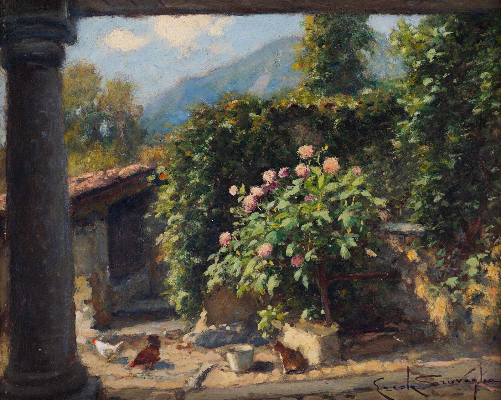 Artwork by Ercole Garavaglia, Angolo fiorito in paese (Magreglio, Made of oil on cardboard