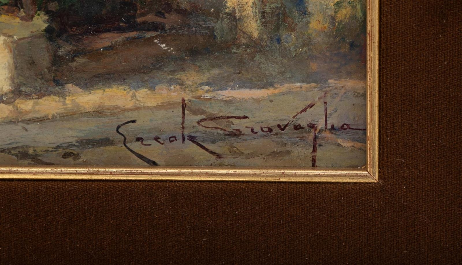 Artwork by Ercole Garavaglia, Angolo fiorito in paese (Magreglio, Made of oil on cardboard