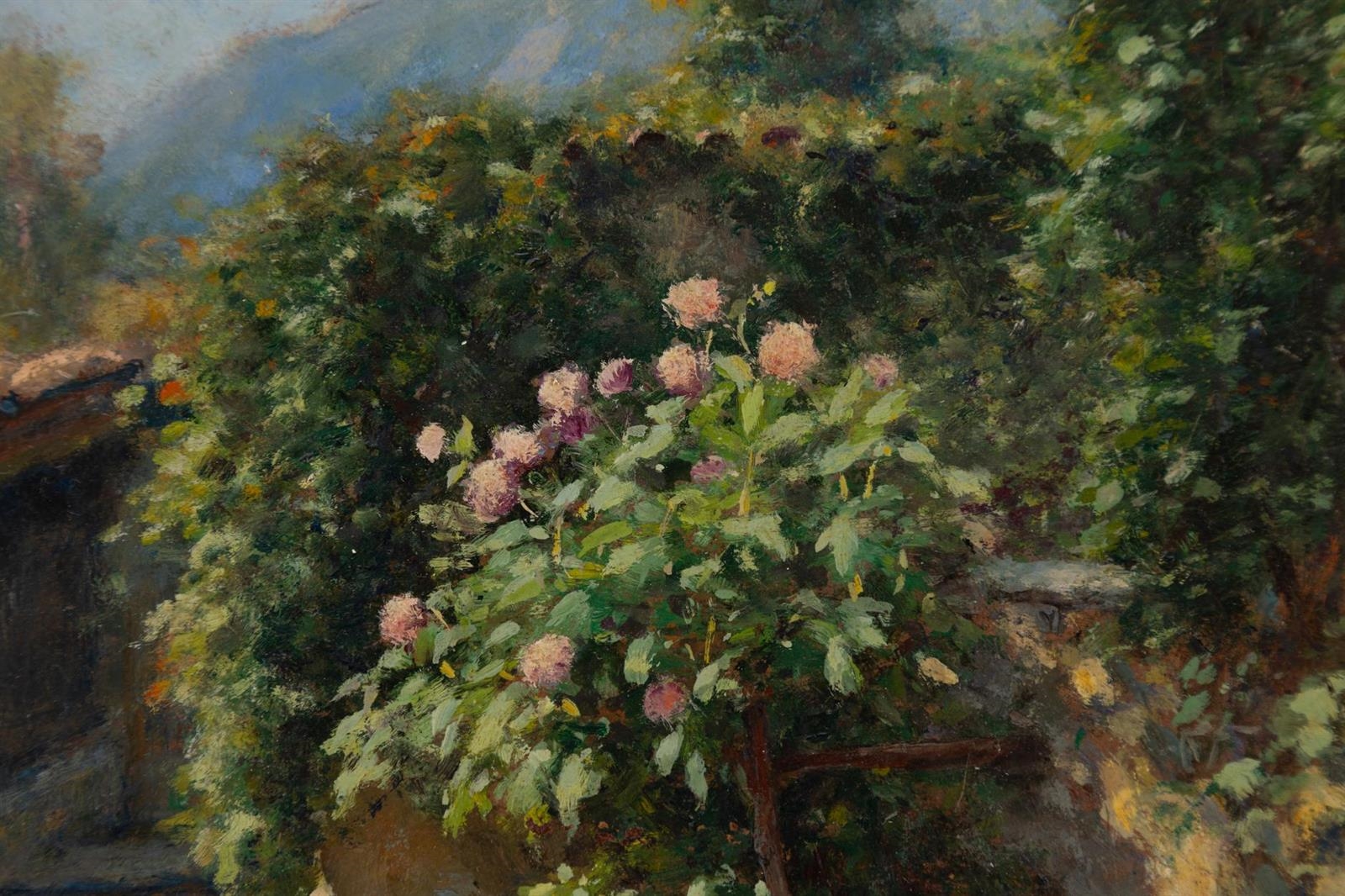 Artwork by Ercole Garavaglia, Angolo fiorito in paese (Magreglio, Made of oil on cardboard