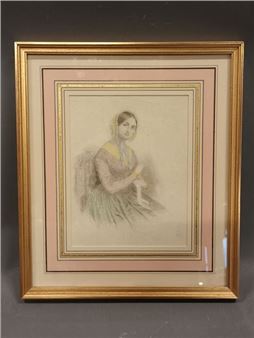 Portrait de jeune fille Dessin au  et à la mine de plomb Vue - Antoine François Vernet