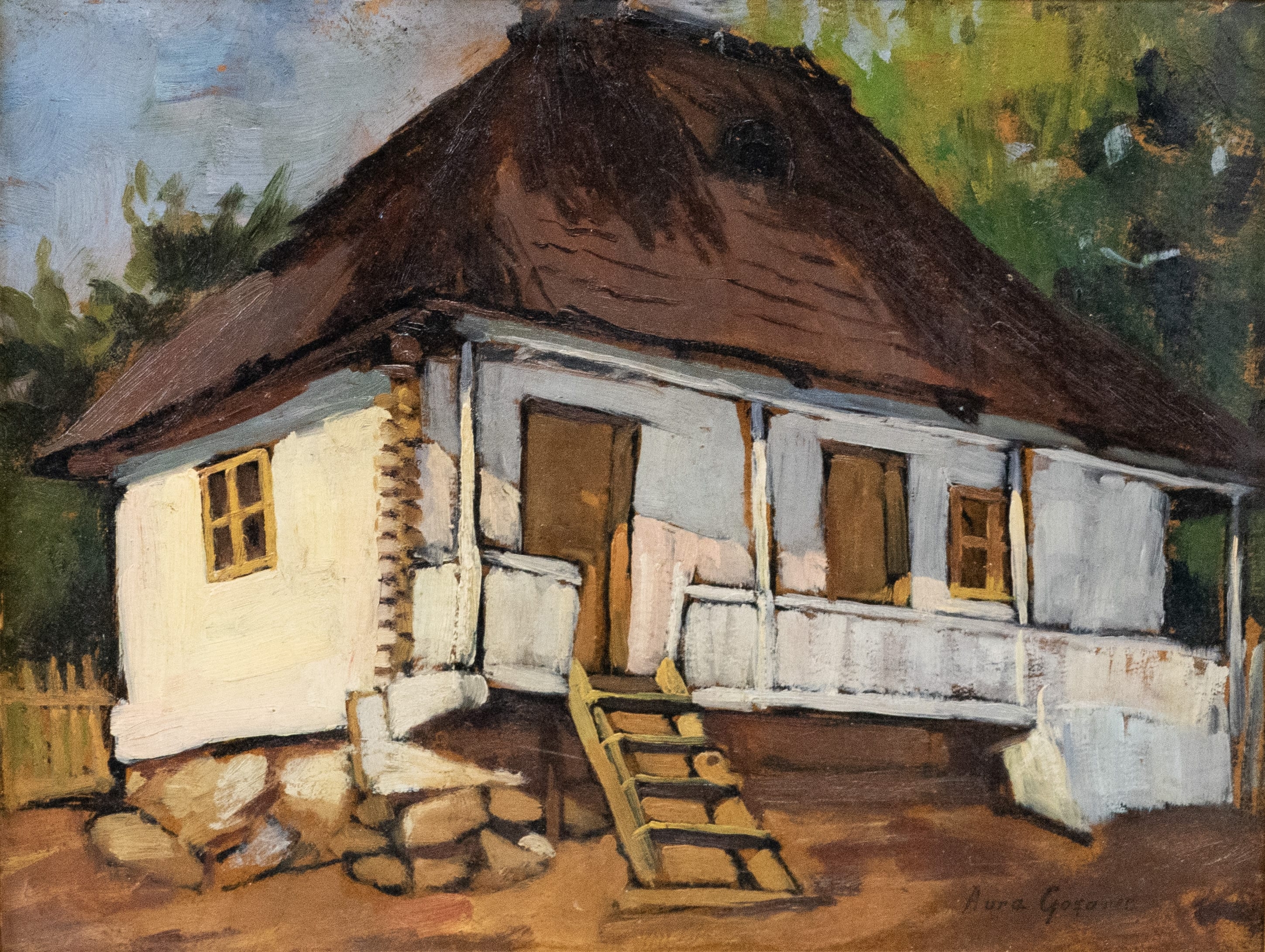 Artwork by Aura Goșunac, Peasant House, Made of oil on cardboard