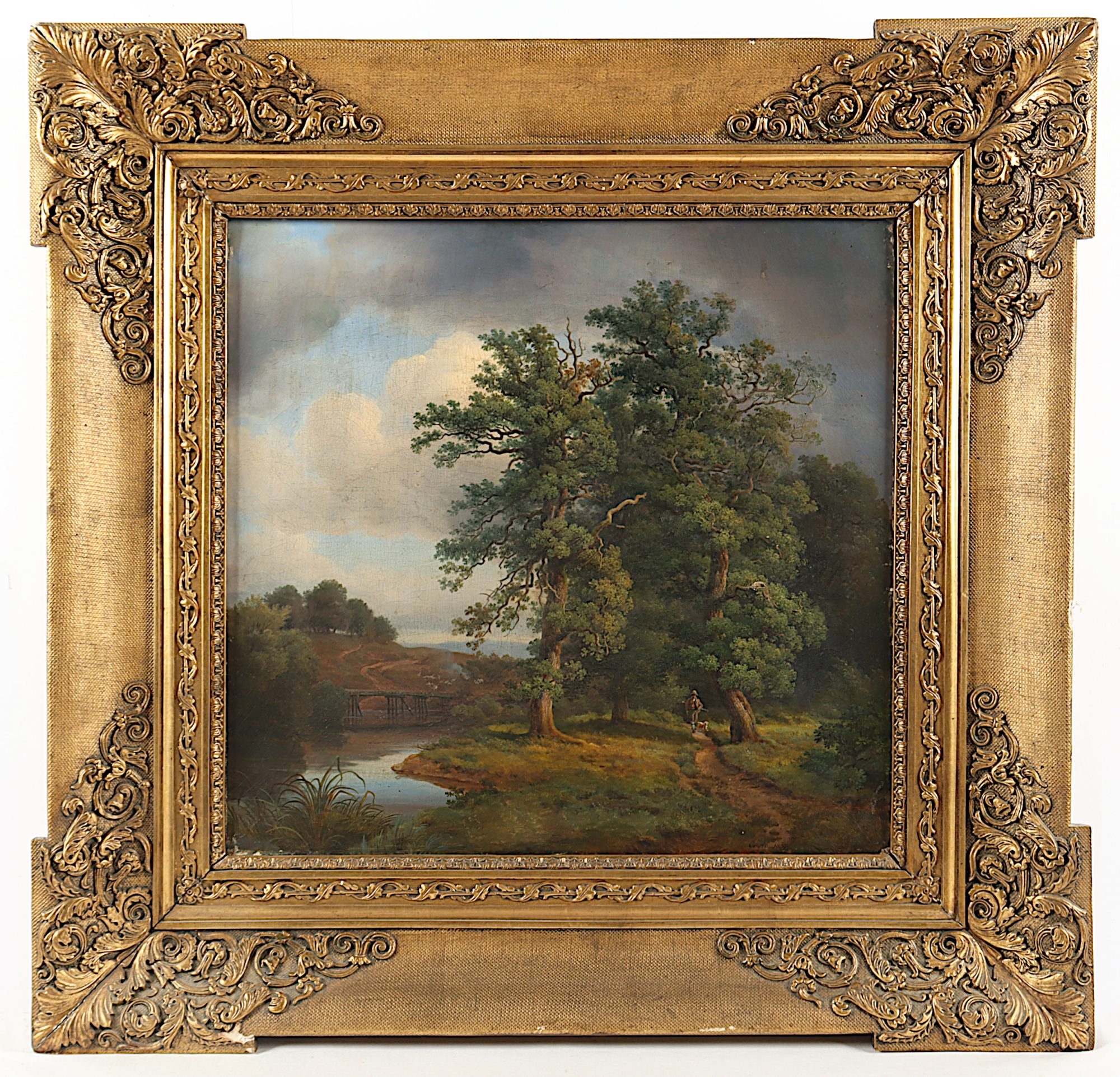 Artwork by Georg-Heinrich Crola, "Landschaft mit Jäger", Made of oil on canvas
