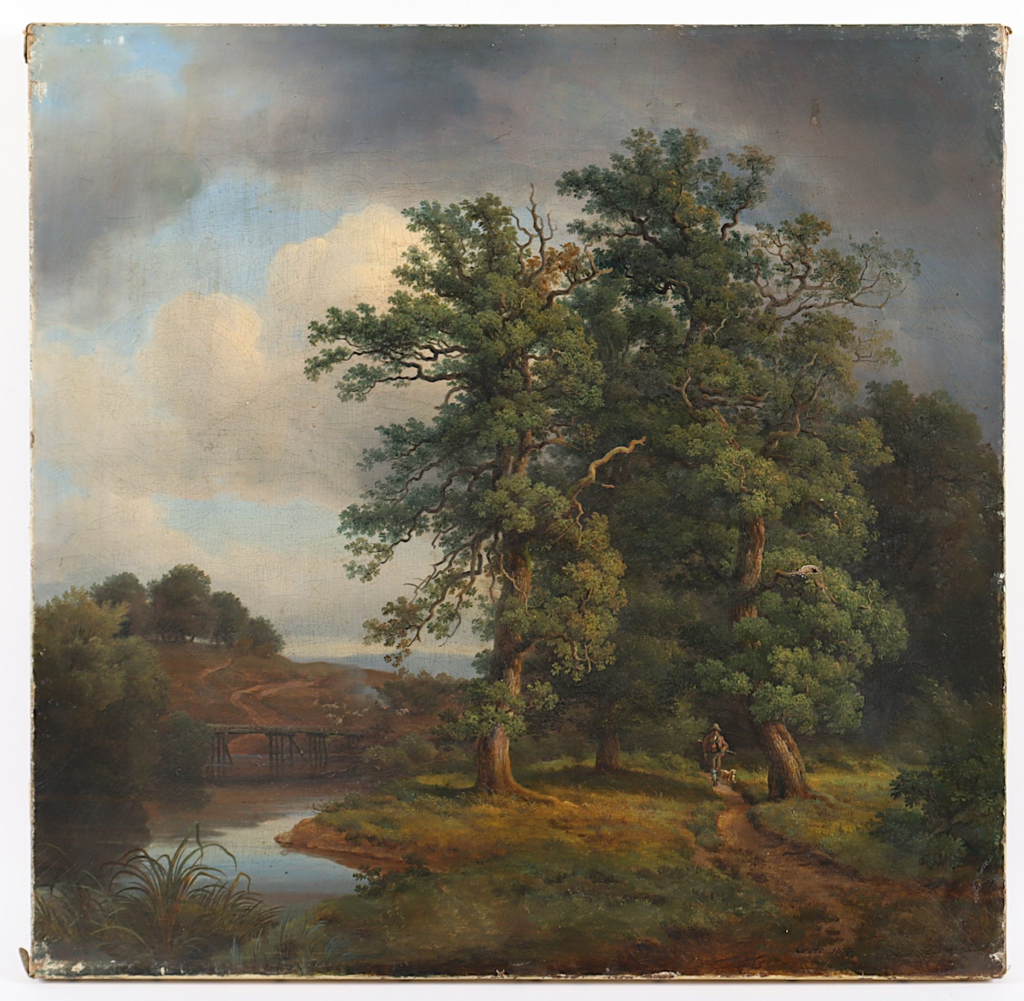 Artwork by Georg-Heinrich Crola, "Landschaft mit Jäger", Made of oil on canvas