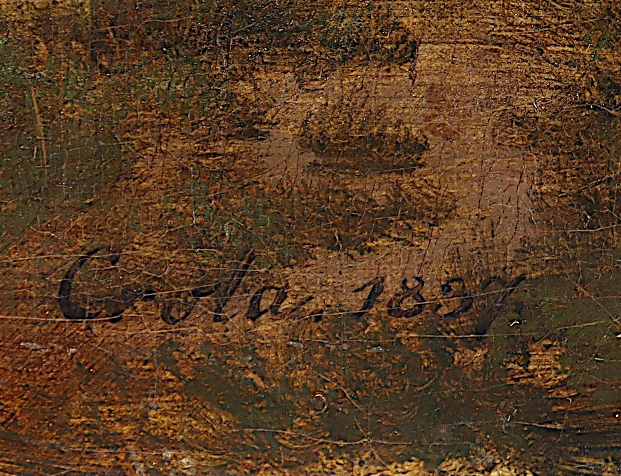 Artwork by Georg-Heinrich Crola, "Landschaft mit Jäger", Made of oil on canvas