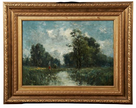 OIL PAINTING ON CANVAS figure in red on a riverbank