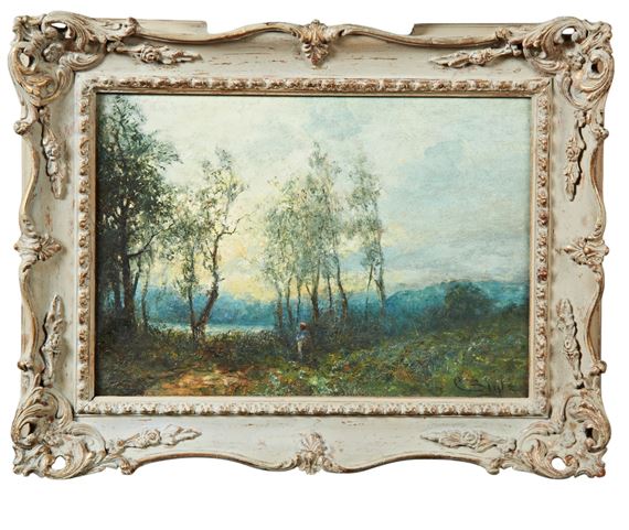 depicting a figure in a red hat, by a river at dusk by George A. Boyle