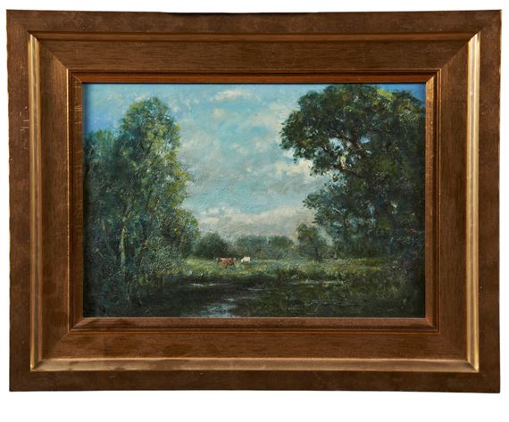 A PAIR OF OIL PAINTINGS ON BOARD,
depicting barn and cattle beside a river