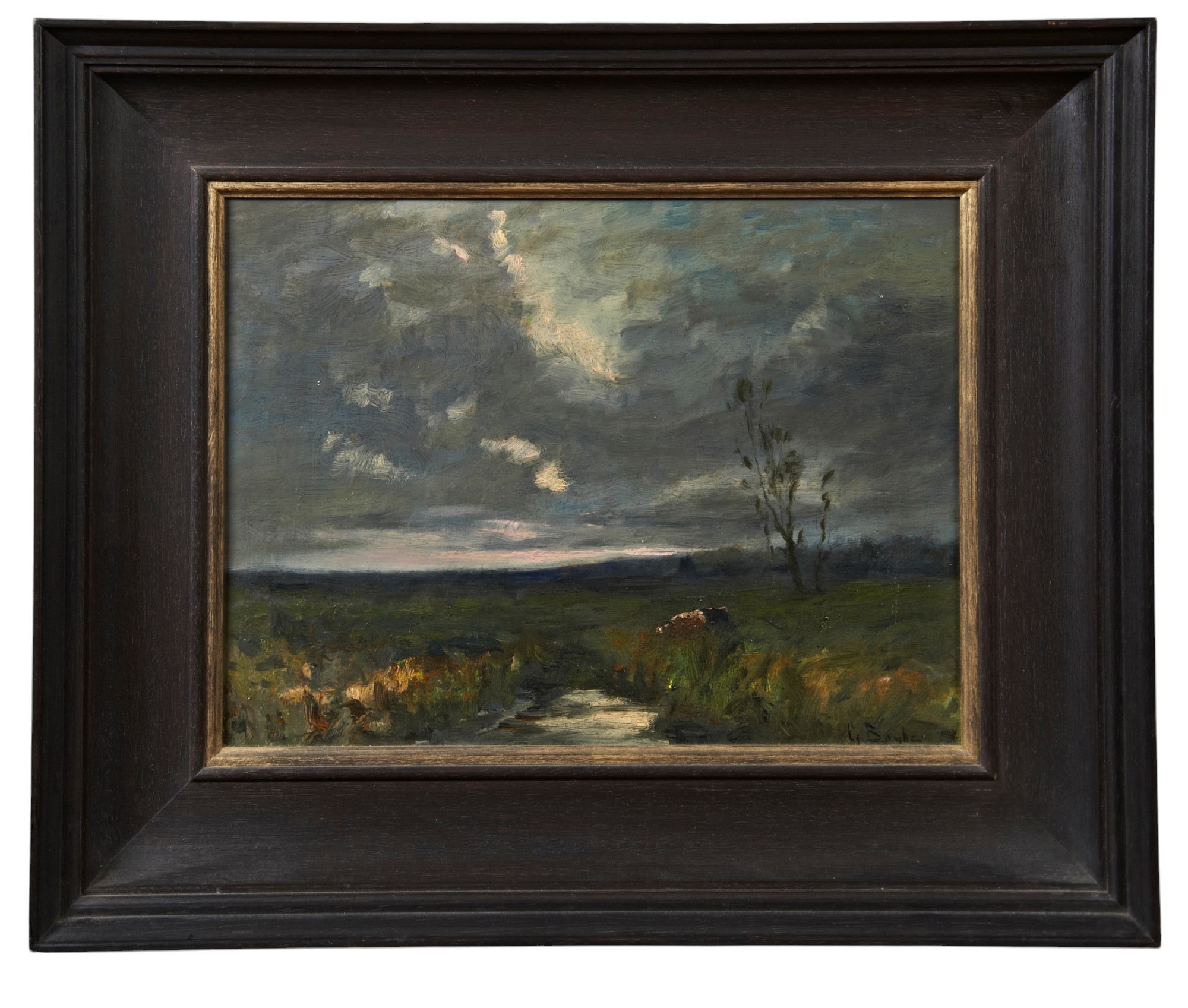 Artwork by George A. Boyle, depicting cattle by a stream at dusk, Made of OIL PAINTING ON PANEL