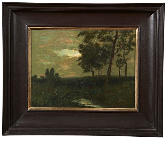 OIL PAINTING ON BOARD OF TREES AT DUSK