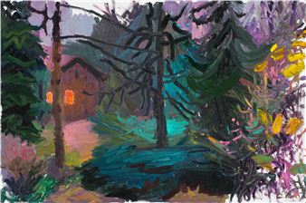 A colorful, impressionistic landscape painting of a forest scene with a cabin.