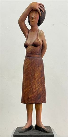 MERLIER (Pierre). "The Couple. Set of 2 wooden sculptures, each signed on the base. Size of base and subject: 98 x 23 x 24 cm and 92 x 24 x 25 cm - Pierre Merlier