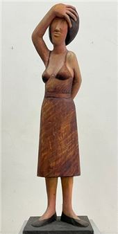 MERLIER (Pierre). &quot;The Couple. Set of 2 wooden sculptures, each signed on the base. Size of base and subject: 98 x 23 x 24 cm and 92 x 24 x 25 cm - Pierre Merlier