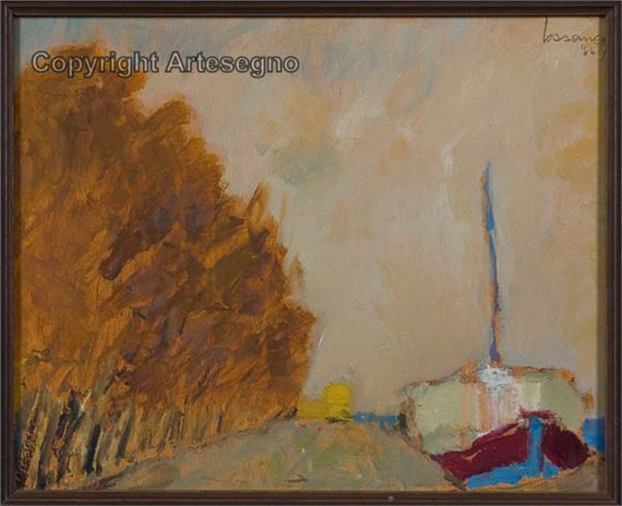 Barca in banchina e alberi by Ferruccio Lessana, 1966