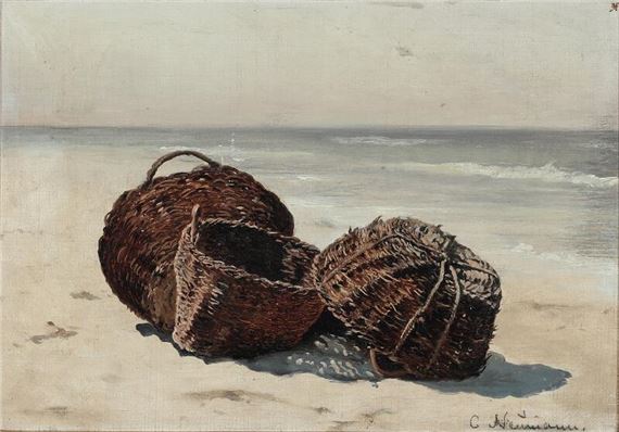 Carl Neumann | A study of wooden baskets lying on the beach | MutualArt
