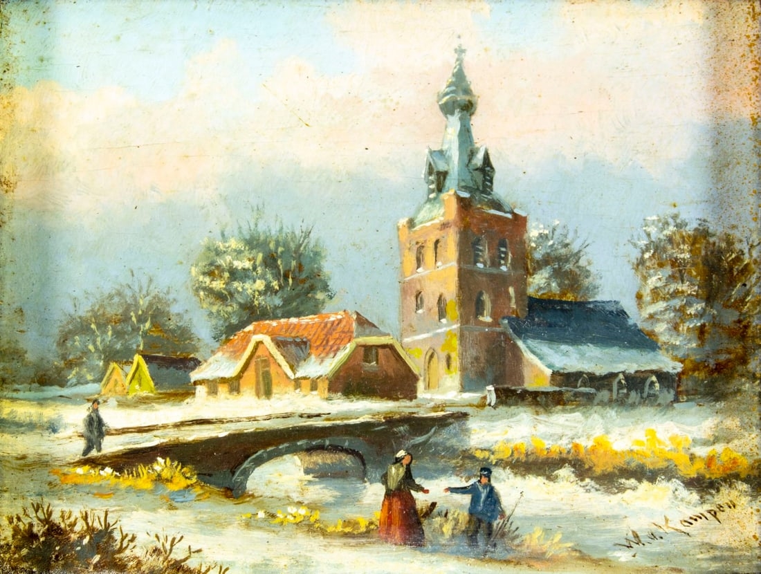 Artwork by W van Kampen, Winter Village Scene, Made of oil on board