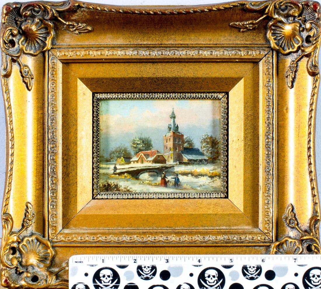 Artwork by W van Kampen, Winter Village Scene, Made of oil on board