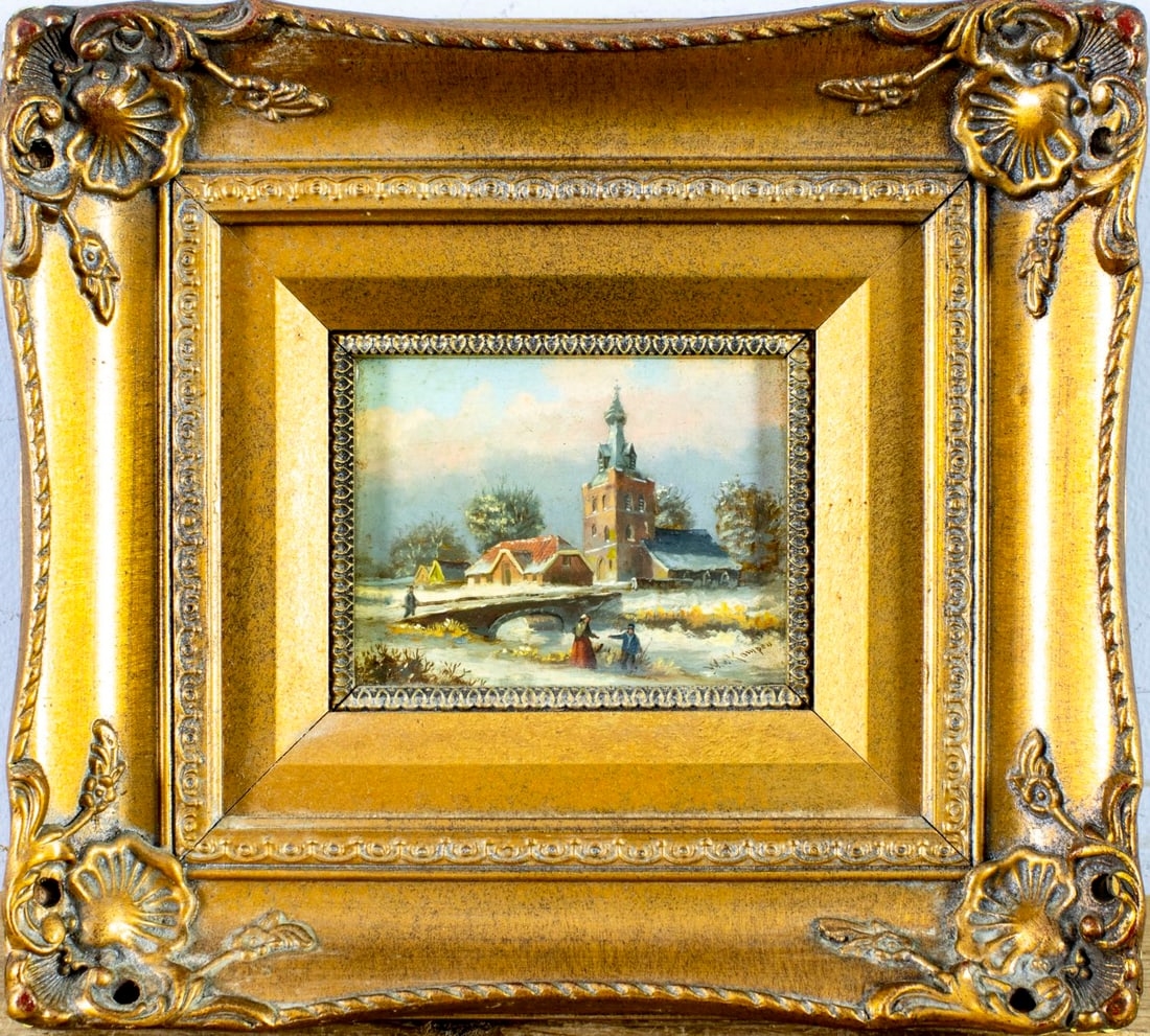 Artwork by W van Kampen, Winter Village Scene, Made of oil on board