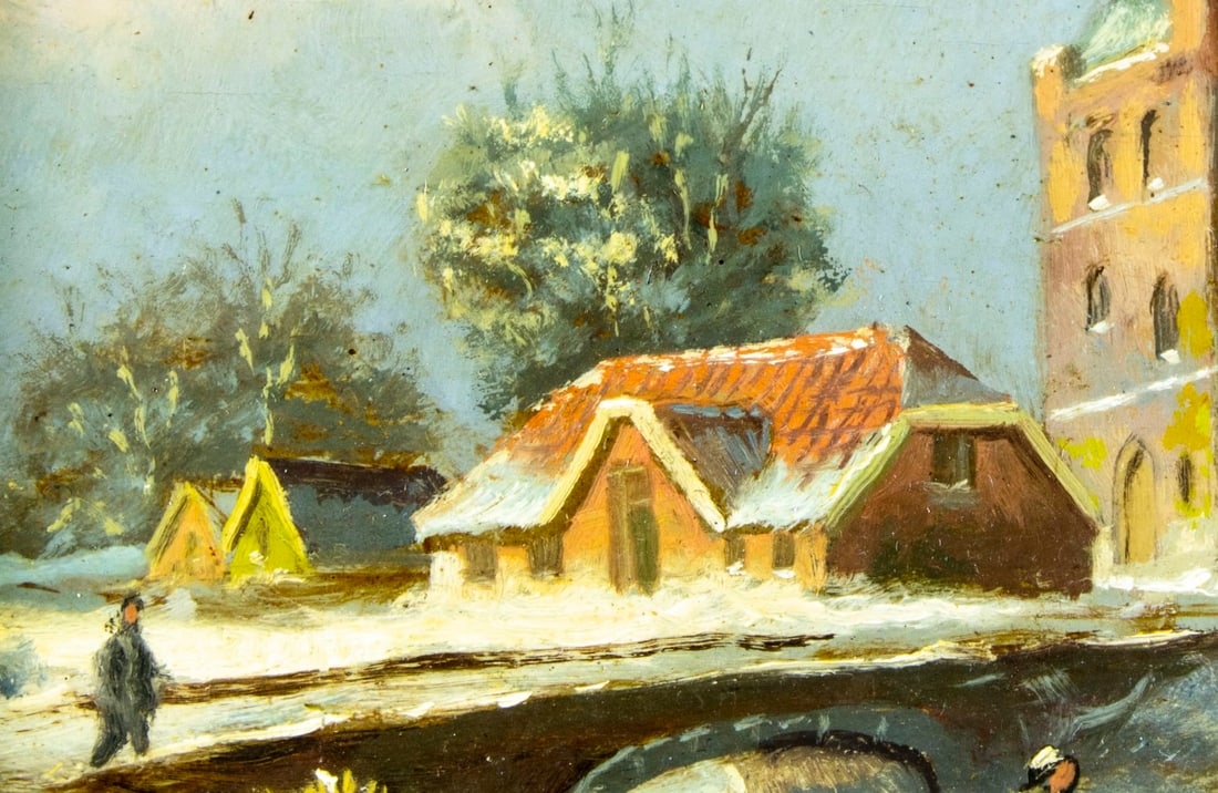 Artwork by W van Kampen, Winter Village Scene, Made of oil on board