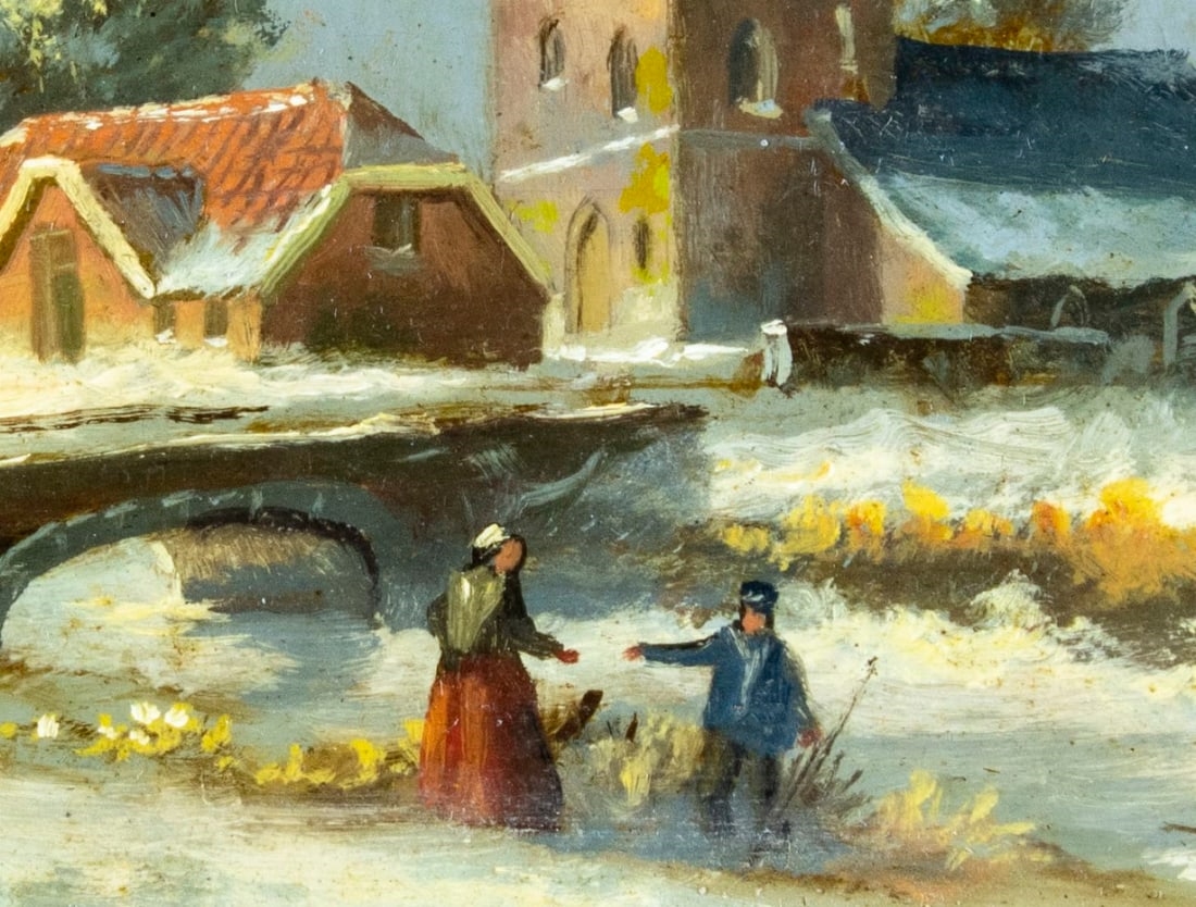 Artwork by W van Kampen, Winter Village Scene, Made of oil on board