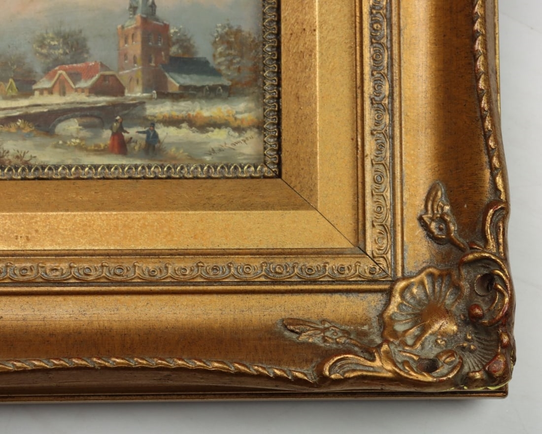 Artwork by W van Kampen, Winter Village Scene, Made of oil on board