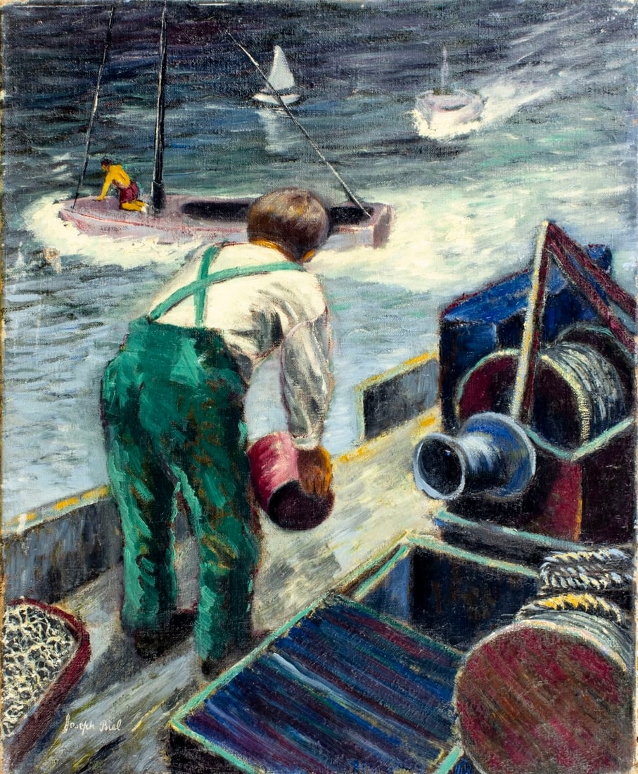 Artwork by Joseph Biel, Fisherman at Work on Dock, Made of oil on canvas
