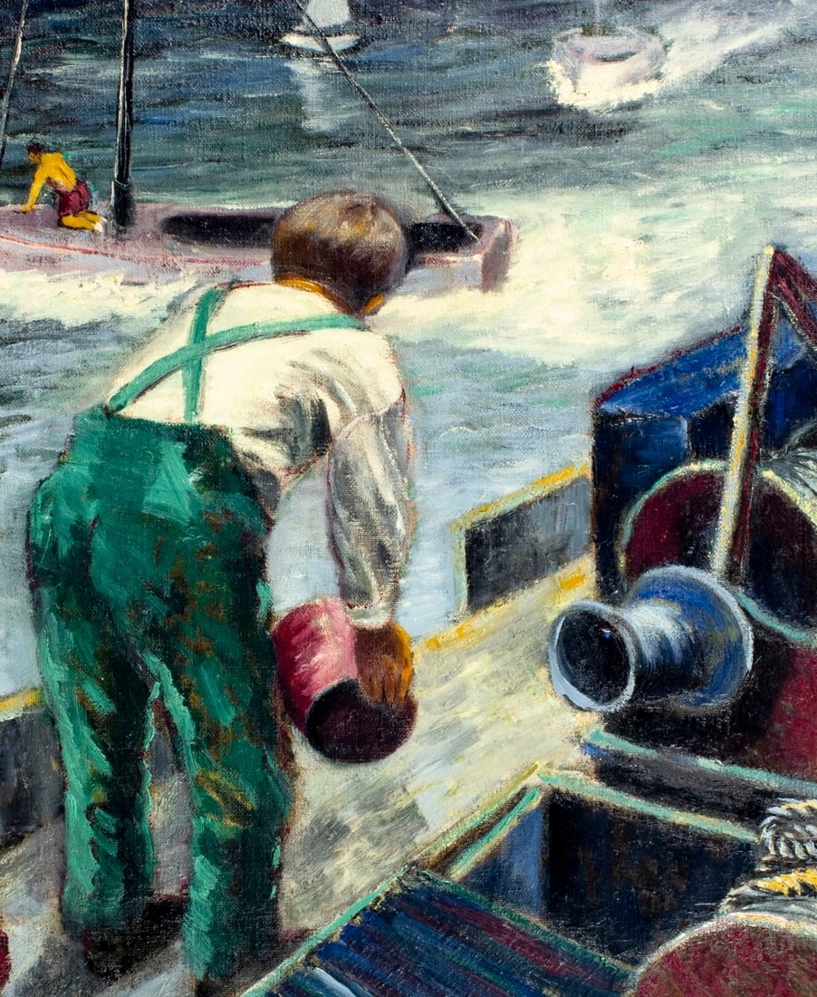 Artwork by Joseph Biel, Fisherman at Work on Dock, Made of oil on canvas